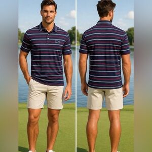 🔥 Vineyard Vines Performance Polo Shirt XL Navy Red White Striped Golf Stretch